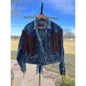 PREZZIA Women's Denim Jacket Fringe Western Rodeo Acid Wash Size L